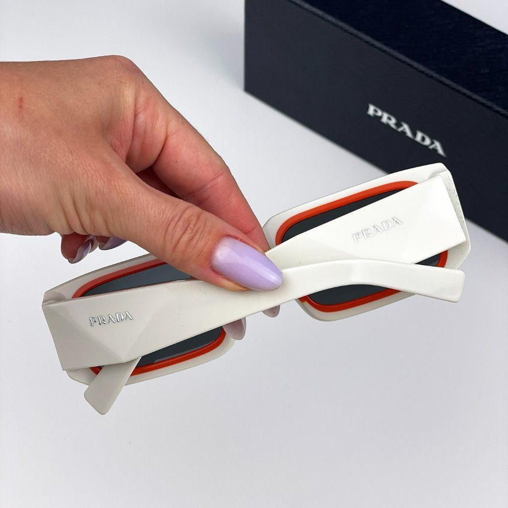 🔥Prada PR06YS 17M5S0 Sunglasses Talc Orange Dark Grey Rectangle Unisex - Picture 5 of 14